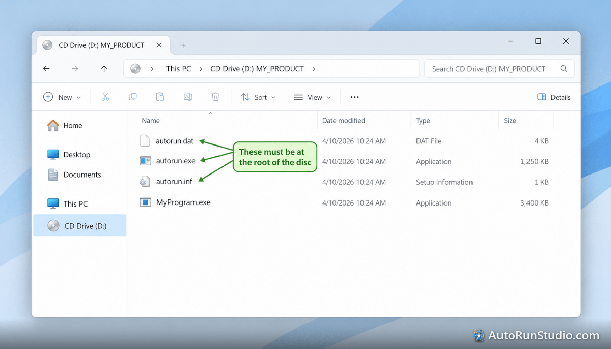 File Explorer showing autorun.inf, autorun.exe and autorun.dat at the root of the CD drive