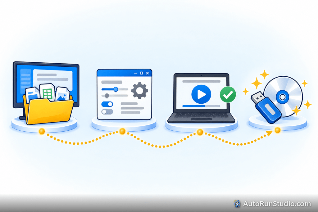 The autorun steps: gather files, configure, test, then copy to USB or burn to CD