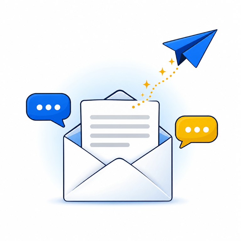 A letter leaving its envelope as a paper airplane, with chat bubbles
